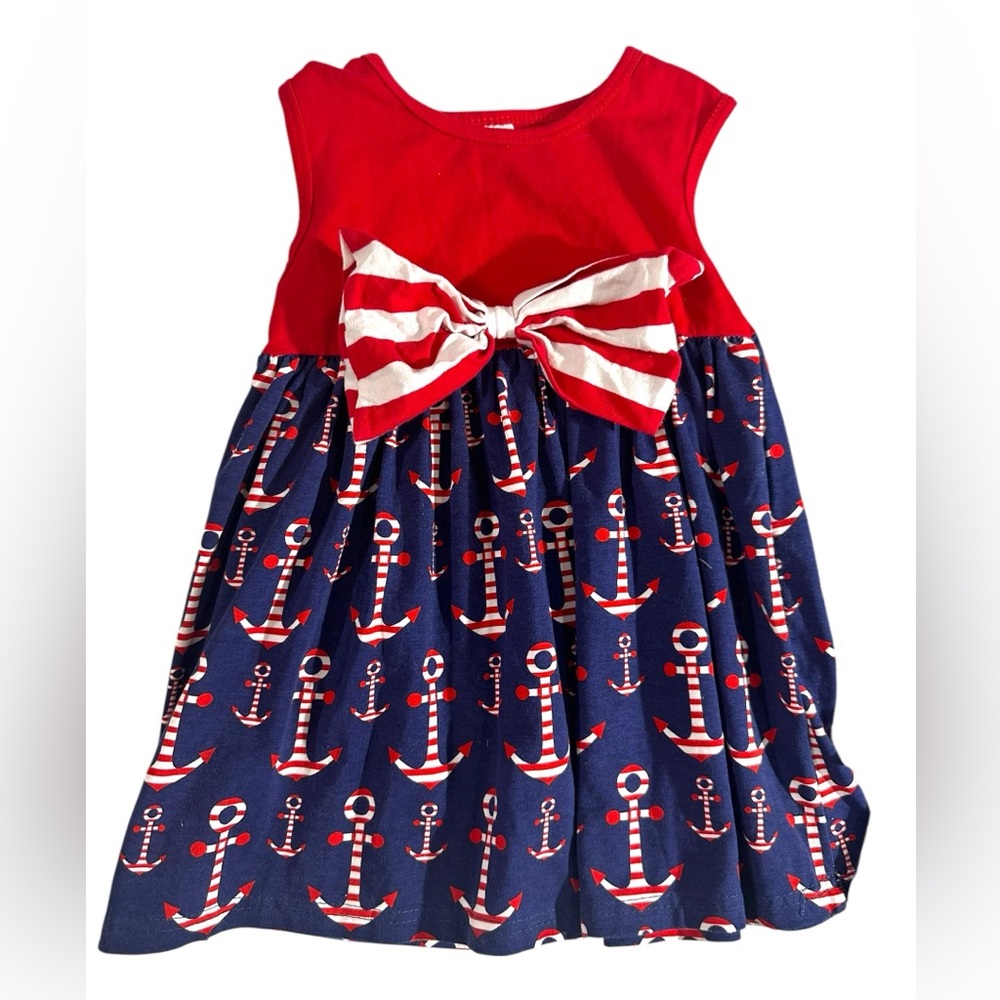EUC Red and Blue Nautical Dress with Gray Cardigan and Graphic Tee 3t - Picture 2 of 5